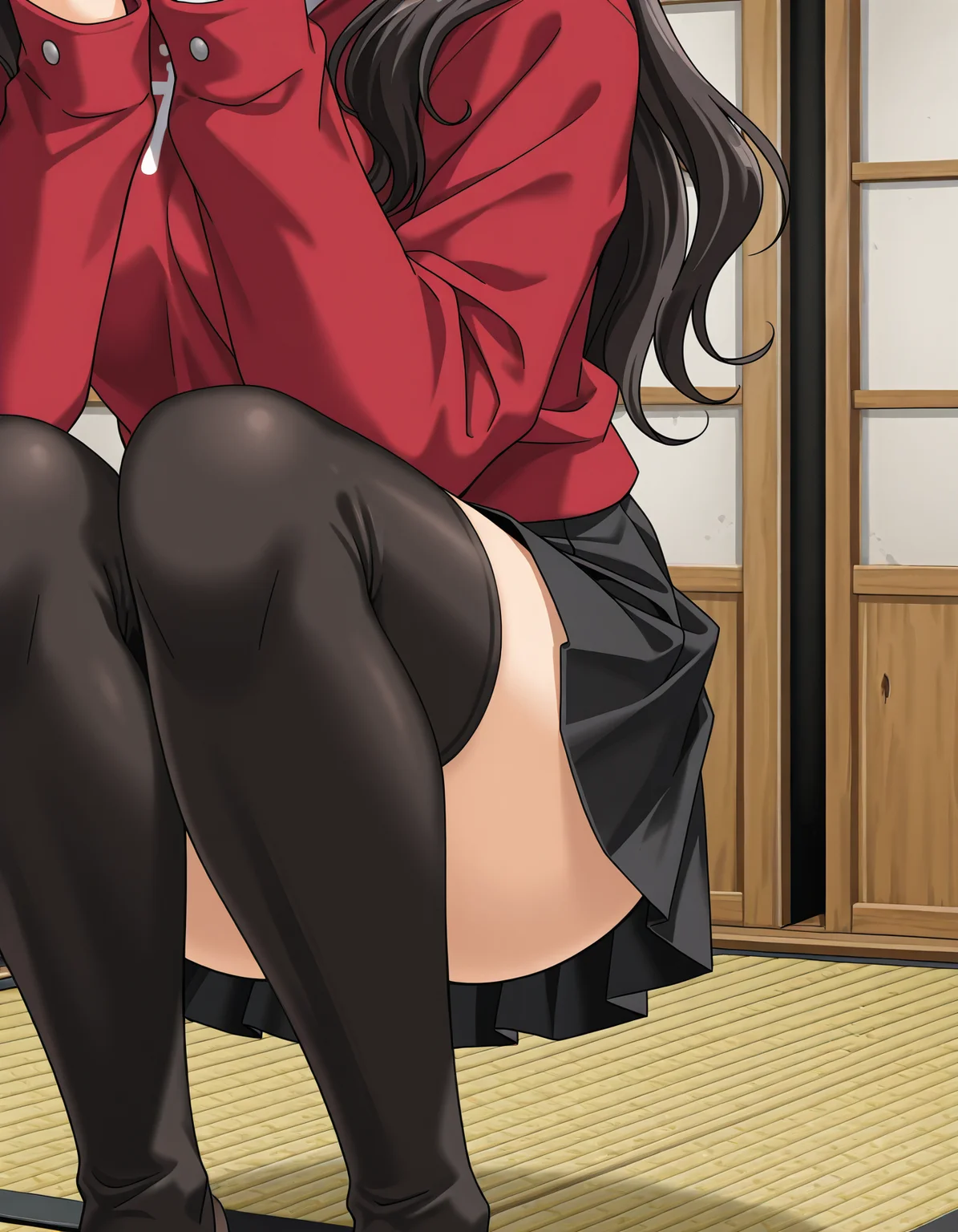 <lora:saku-v9-il_r1:0.75> tohsaka rin, red sweater, black skirt, 1girl, solo, black thighhighs, squatting, indoors, tatami, shouji, sliding doors, lower body, close-up, head out of frame, feet out of frame