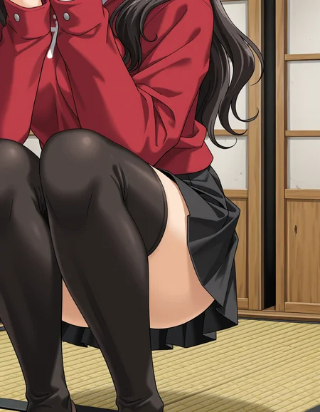 <lora:saku-v9-il_r1:0.75> tohsaka rin, red sweater, black skirt, 1girl, solo, black thighhighs, squatting, indoors, tatami, shouji, sliding doors, lower body, close-up, head out of frame, feet out of frame
