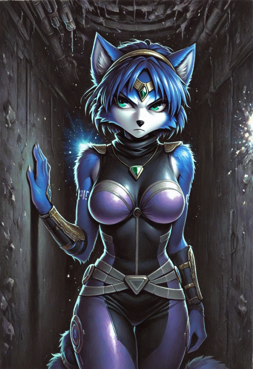 masterpiece,best quality,amazing quality,stalac, traditional media, solo, krystal, star fox, bodysuit, sleeveless, dark hallway, space colony, broken light, dim lighting, side glance, hand on wall, serious, looking away