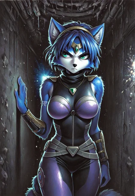 masterpiece,best quality,amazing quality,stalac, traditional media, solo, krystal, star fox, bodysuit, sleeveless, dark hallway, space colony, broken light, dim lighting, side glance, hand on wall, serious, looking away