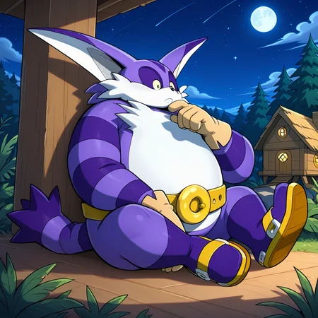 <lora:Big_the_cat_Sonic_Adventure_-_Illustrious:1> Big the cat, 1boy, belt, gloves, sandals, full body, sitting, tree house, jungle, night, stars, moon, thinking, on floor, masterpiece, masterwork,