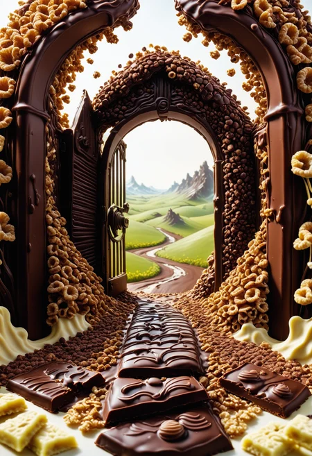 a gate made of melted chocolate and cereals by Jed-ChocoC, its the entrance to the land of milk and honey, behind the gate is a open path into a fantasy chocolate landscape <lora:last:0.7> <lora:SDXLFaeTastic2400:0.7>
