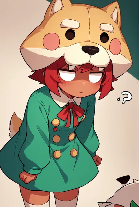score_9, score_8_up, score_7_up, <lora:shinita:1> shinita , 1 girl , dark-skinned female, red hair, no pupils, green dress, long sleeves, white thighhighs, red ribbon, ,dog headwear , confused,