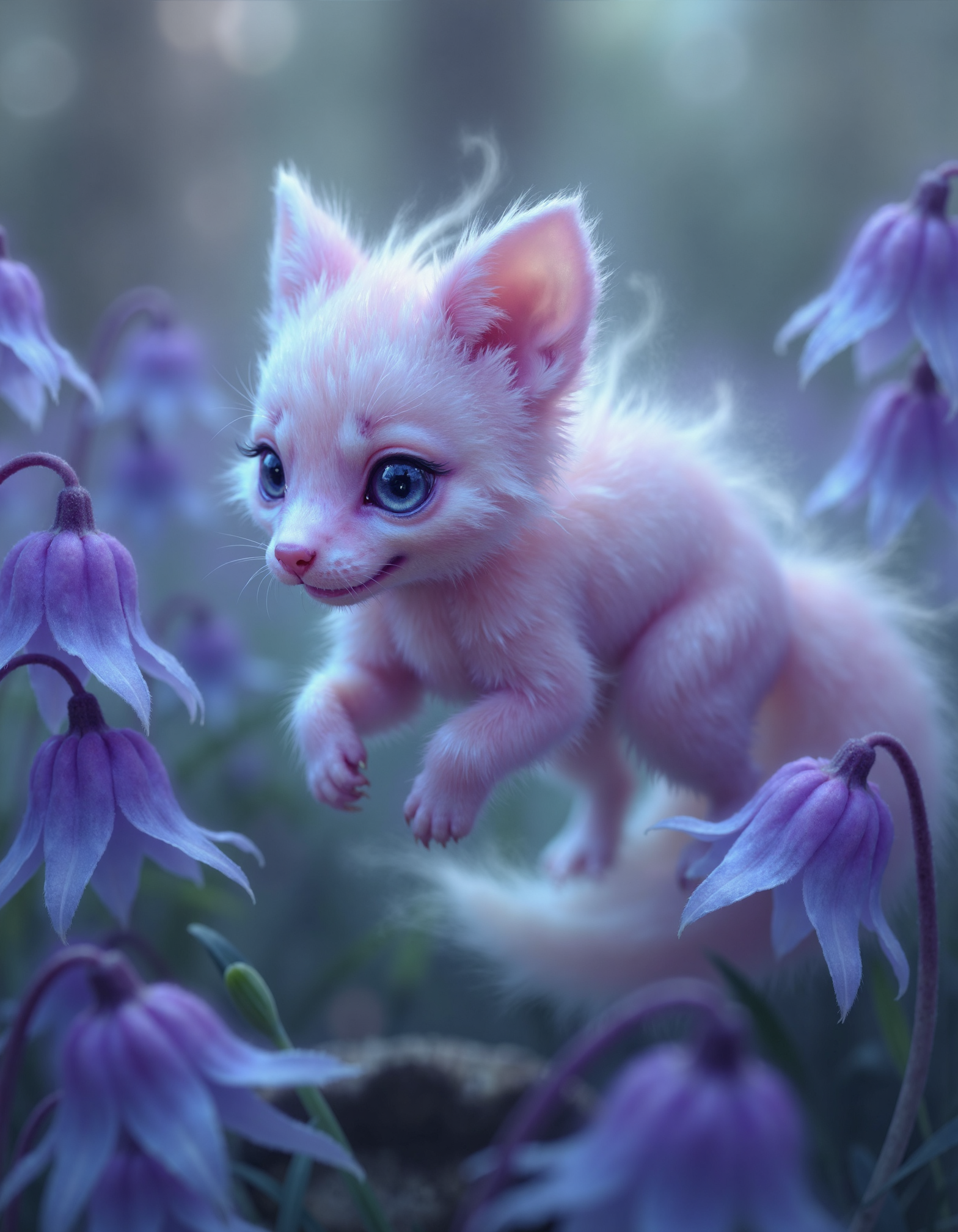 zavy-ghst, Extreme macro close-up of a translucent fox ghost shimmering softly, playfully darting between dew-drenched bluebells, nestled in an ethereal twilight forest, dreamlike soft focus with slight bokeh effect, iridescent pastel hues of lavender and mint green.
