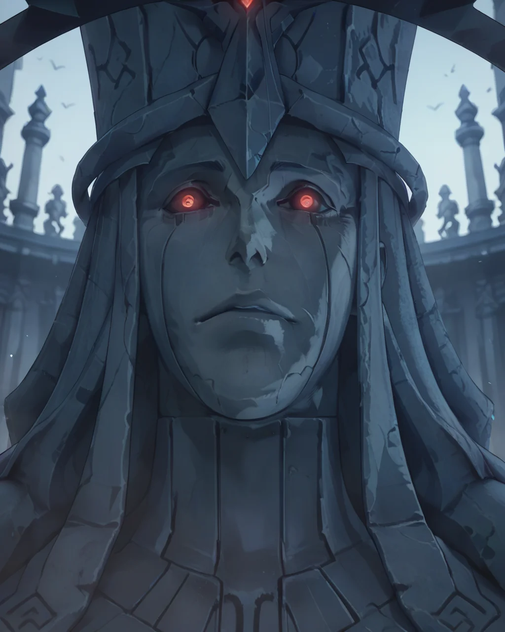 score_9, score_8_up, score_7_up, source_anime, 1boy, upper body, eye contact, red eyes, solo, eye contact, statue, statue_of_god, <lora:Statue_of_Death_God__Solo_Leveling_pony:0.8>