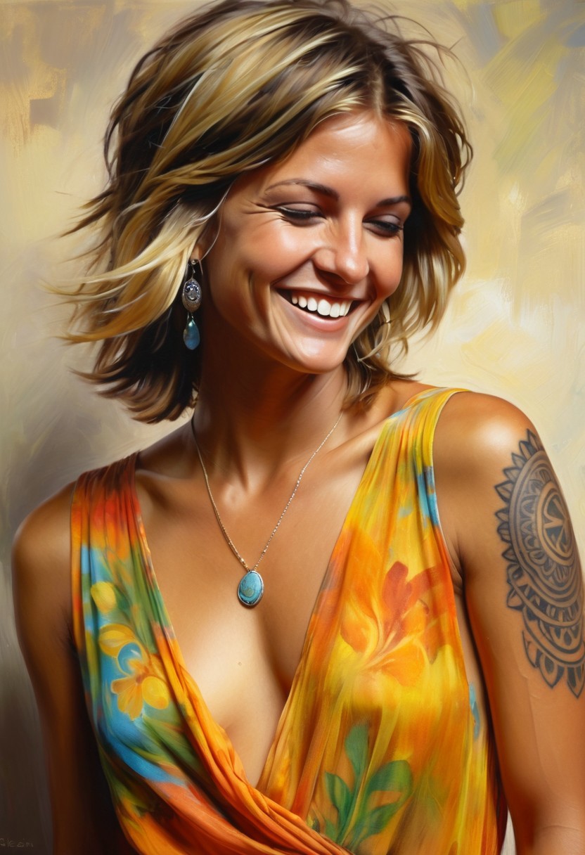 ((classical oil painting)), ((thick brush strokes)), (((candid))), turning side view, Short-haired English hippy girl, tanned skin, ((loose and sexy hippy summer-dress with extremely low-plunging front)), ((translucent mesh)), (dropped armholes), ((one exposed breast)), (covered nipples, braless, (side-boob), (tubular breasts), ((cheeky embarrassed smile)), (((tattoo on shoulder))), (((gelasin))), (((blonde-textured short dark-brown wet hair))), (((dark pubic hair))), (hippy jewellery), sunny evening, ((formal event)), Intricate textures, (high detailed skin:1.5),
