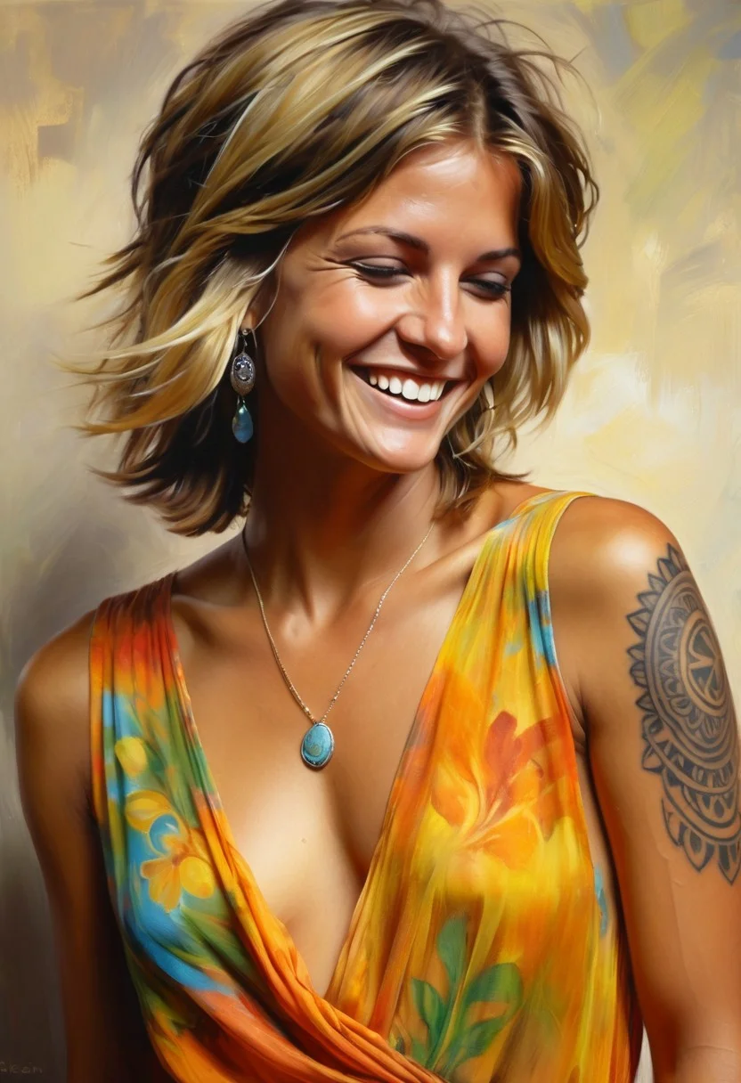 ((classical oil painting)), ((thick brush strokes)), (((candid))), turning side view, Short-haired English hippy girl, tanned skin, ((loose and sexy hippy summer-dress with extremely low-plunging front)), ((translucent mesh)), (dropped armholes), ((one exposed breast)), (covered nipples, braless, (side-boob), (tubular breasts), ((cheeky embarrassed smile)), (((tattoo on shoulder))), (((gelasin))), (((blonde-textured short dark-brown wet hair))), (((dark pubic hair))), (hippy jewellery), sunny evening, ((formal event)), Intricate textures, (high detailed skin:1.5),
