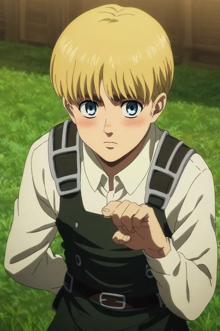 score_9, score_8_up, score_7_up, source_anime, rating_safe, intricate details, anime screencap, , official style, looking at viewer, , 1boy, solo, male focus, <lora:armin_arlert_pony:0.82>, armin_arlert, blonde hair, blue eyes, very short hair, bowl cut, asymmetrical, grass, day, sunny, victory pose, shy, blush, dalmatian costume, <lora:sdxl_lightning_8step_lora:1>