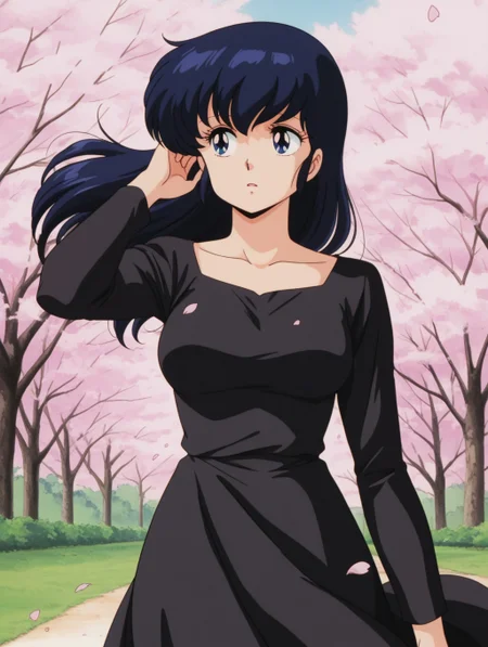 masterpiece, best quality, amazing quality, detailed background, perfect eyes, anime coloring, anime screenshot, 1980s \(style\), 1girl, solo, mature female, otonashi kyouko, black hair, long hair, blue eyes, medium breasts, black dress, long sleeves, collarbone, looking to the side, (outdoors, cherry blossoms, petals, wind, floating hair, hand in own hair, floating clothes)
