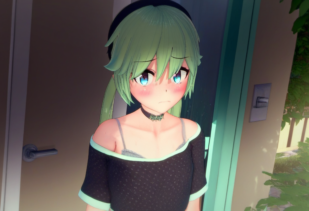 zPDXL, zPDXLxxx, score_9, score_8_up, score_7_up, score_6_up, score_5_up, score_4_up, BREAK  <lora:Io_Ichimonji_from_LiL_PonyXL:1>, io_outfit1, 1girl, solo, twintails, blush, outdoors, choker, hat, looking at viewer, shirt, black headwear, long hair, upper body, closed mouth, collarbone, door, beret, hair between eyes, short sleeves, low twintails, bra strap, off shoulder, off-shoulder shirt, black shirt,
