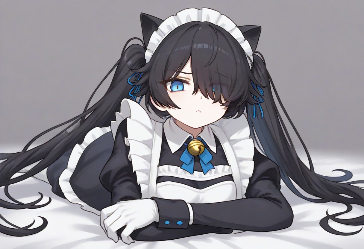 (Maid-kasli), solo, white gloves, dress, hair over one eye, maid apron, blue eyes, twintails, cat ears, maid headdress, maid, gloves, 1girl, apron, juliet sleeves, long sleeves, long hair, black hair, animal ears, bell,(Fall down),