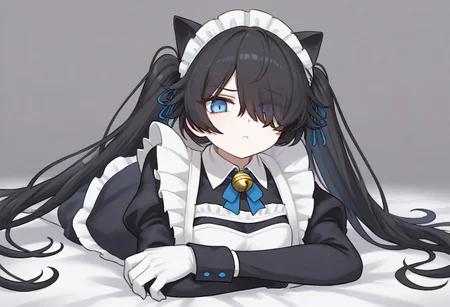 (Maid-kasli), solo, white gloves, dress, hair over one eye, maid apron, blue eyes, twintails, cat ears, maid headdress, maid, gloves, 1girl, apron, juliet sleeves, long sleeves, long hair, black hair, animal ears, bell,(Fall down),