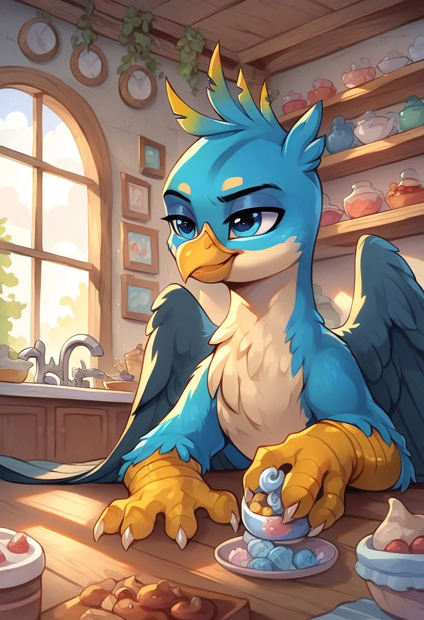 masterpiece, score_9, score_8_up, score_7_up, score_6_up, (best quality:1.1), ultra-detailed, high resolution, 1boy, gallus, feral, griffon, g4, male, eyeshadow, sly smirk, indoors, sit on the ground, sweets on the ground in, kitchen background, tail, high quality, sharp, the quality of ai art is frightening, watercolor, highly detailed, (beautiful detailed eyes), Long eyelashes, Highly Visible, (((8k))), sharp focus, perfect lighting, beautiful eyes, long eyelashes, anatomically correct, extremely detailed, shine on body, high detail, Expressiveh, detailed background, OverallDetail, zPDXL2