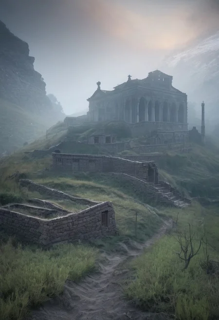 Abandoned mysterios ancient cyty in foggy deep and  wide valley at sunrise, style by Lovecraft, meticulous, intricate, entangled, intricately detailed