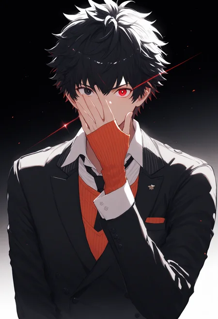 <lora:Kaname_Kuruto:0.9>,ryuki kuruto,1boy,black necktie,buttons,white collared shirt,covered mouth,hand up,lapels,male focus,necktie,notched lapels,orange ribbed sweater,shirt,solo,sweater,upper body,black suit,fingerless gloves,(glowing eye:1.1),covering face,(Diffraction spikes:1.1),heterochromia,black eyes,red eyes,masterpiece,high score,great score,absurdres,
