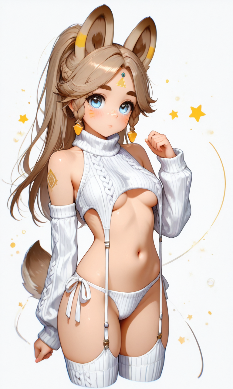 masterpiece, cute, lovely, (best quality:1.3), best quality, (amazing quality:1.3) ,very aesthetic, high resolution, absurdres, newest, 1girl, solo, perfect eyes, intricate eyes, Kachina_Genshin, animal ears, long hair, braid, high ponytail, brown hair, thick eyebrows, facial mark, blue eyes, parted bangs, tattoo, animal_tail, very cute, light particles, cute details, cute colors, (medium_breasts:1.3), BREAK, aran legwear,breasts,brown hair,cropped legs,cropped sweater,detached sleeves,earrings,garter straps, hand up,jewelry, looking at viewer,meme attire,navel,one-hour drawing challenge,panties,ribbed legwear,ribbed panties,ribbed sleeves,ribbed sweater,ribbed thighhighs,simple background,sleeveless,sleeveless turtleneck,solo,star \(symbol\),star earrings,sweater,turtleneck,turtleneck sweater,two side up,underboob,underwear,virgin destroyer sweater,white background,white garter straps,white panties,white sweater,blush,cable knit,sleeveless sweater,