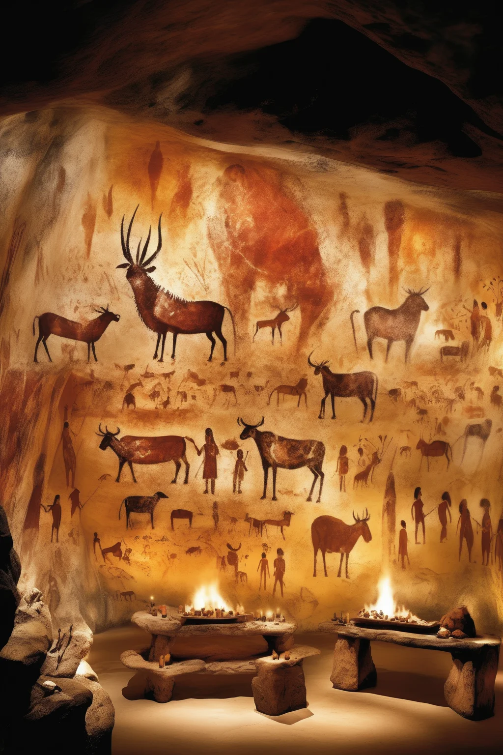 <lora:Lascaux:1>Lascaux - display a cave with cave paintings representing the Stone Age. The cave is dark and mysterious, lit only by the light of a torch. The cave paintings are vibrant and detailed, showing scenes of hunting and everyday life. The style is hyper-realistic, with every detail of the cave and paintings captured accurately. The lighting is soft and diffuse, creating an atmosphere of mystery and antiquity. The colors are rich and earthy, with browns, reds, and yellows predominant. The composition uses a wide-angle lens to capture the entire cave and paintings in a single shot.
