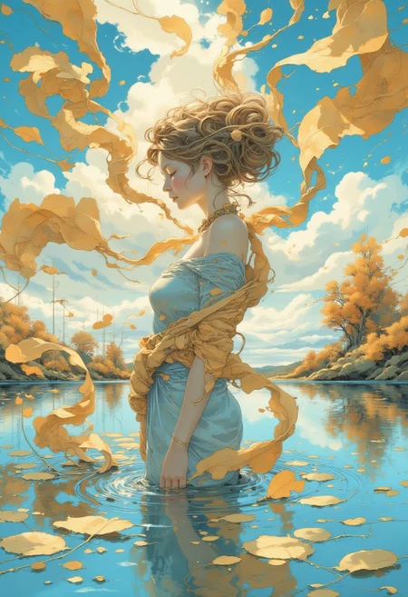 a girl with slightly light brown hair is standing in the middle of a lake and sheets of paper are flying around her, a whirlwind of book leaves, she controls the sheets
