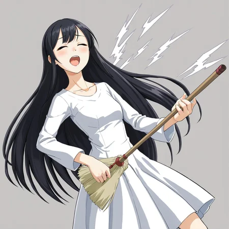 1girl, (yamamura sadako:1.2), black hair, very long hair, straight hair, (long bangs:1.3),(hair over one eye:1.3), expressionless, black eyes,  white spooky dress, simple dress, long sleeves, (gray skin:1.5), skinny, [barefoot:0.1],(closed eyes:1.3),open mouth,  (arched back:1.2), motion blur, 
(air guitar:1.5), holding (broom:1.3), 
[realistic::0.1],
simple background
masterpiece, best quality, very aesthetic, absurdres,
([green] theme:1.1)
<lora:Fixhands_anime_bdsqlsz_V1:1>,<lora:Air_guitar:1>