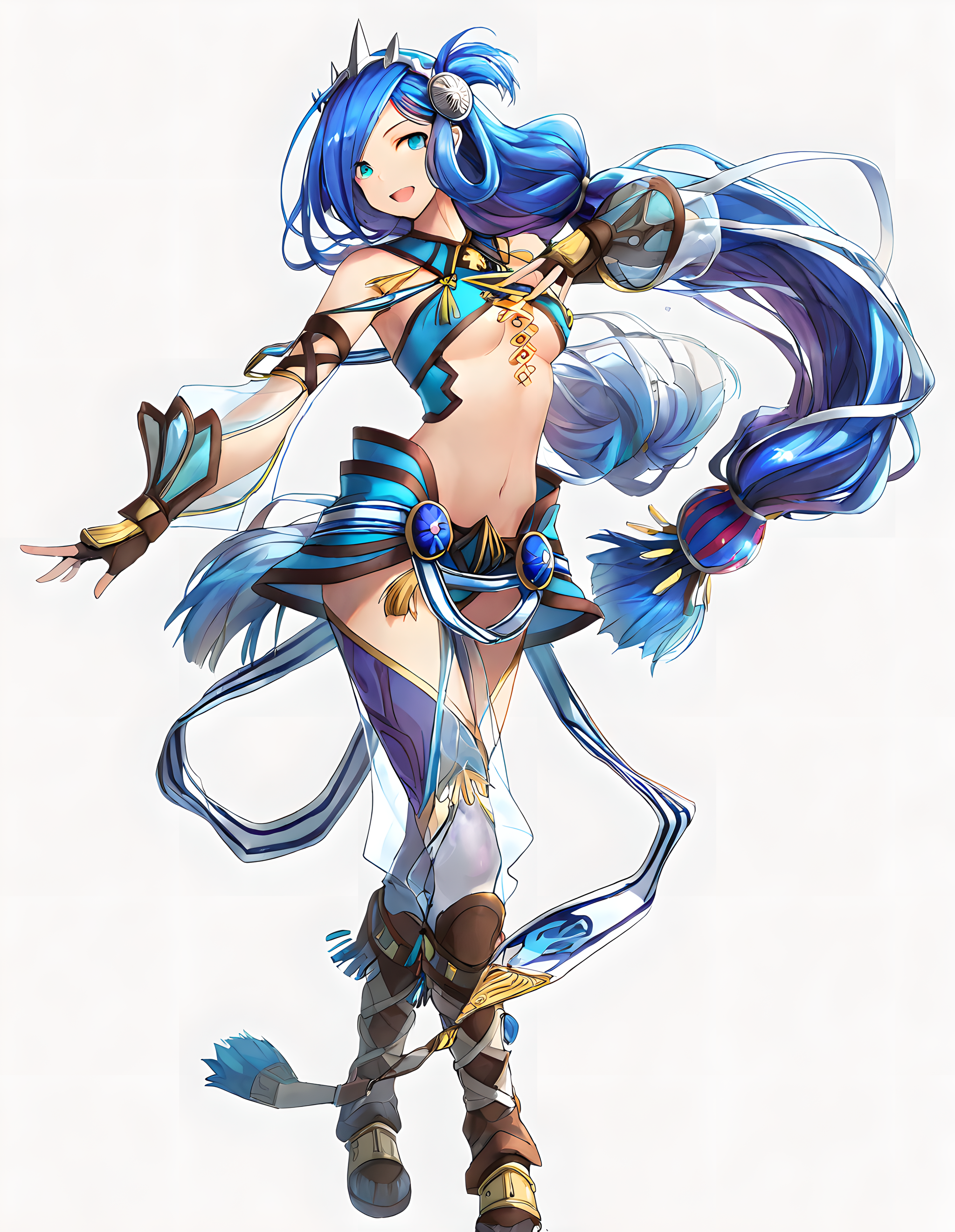 <lora:illustrious_XL_dana_v2:0.8>,dana,masterpiece,best quality,good quality,1girl,solo,midriff,navel,transparent sleeve,fingerless gloves,transparent legwear,boots,:d,standing,white_background,full body,