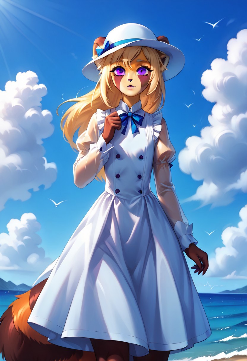 score_9, score_8_up, score_7_up,source_furry,foxacuwaku, red panda,1boy, femboy, long blonde hair, purple eyes, slim waist, wide hips, multicolored skin, brown tail, yellow face, BREAK, cute, White summer dress, beautiful women's hat, holds hand on hat, :p, dress fluttering in the wind, wind, sunny day, blue sky, fluffy clouds, sea coast background, <lora:RealisticAnime:1> (ultra realistic, 32k, masterpiece:1.2), (high detailed skin:1.1), (high quality:1.1), <lora:01lXLP:0.6> 01l