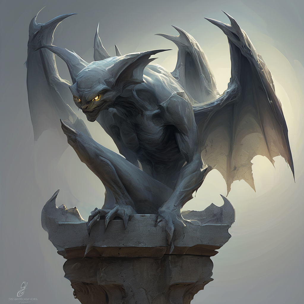 <lora:artfullygargoyle_sdxl_v1:1>,Logo,Gargoyles are magical creatures that were originally created by a very powerful cleric from stone statues. The first gargoyles were terrible winged stone monsters,designed to protect holy places from evil spirits. Still,during a huge magical battle,their inner being was altered and they became fully conscious creatures that have a very high affinity for magic. After centuries of magical modifications and enhancements,gargoyles are nowadays a very much changed race that is not warlike at all but rely entirely upon magic,