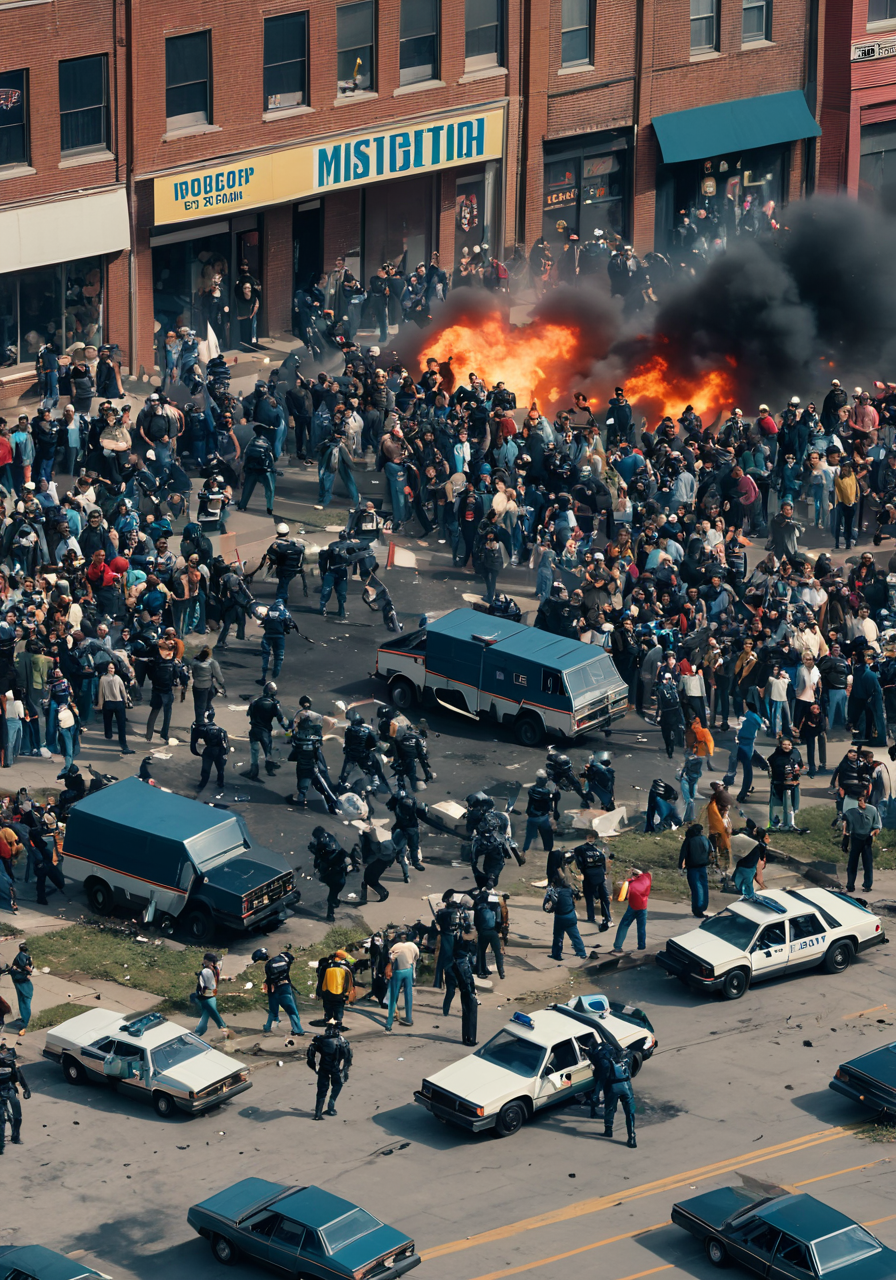 a group of people at a riot in Detroit, <lora:wisosdxl:0.8>, wisosdxl, best quality, masterpiece, isometric scene, 1980s \(style\), one robocop in the centre