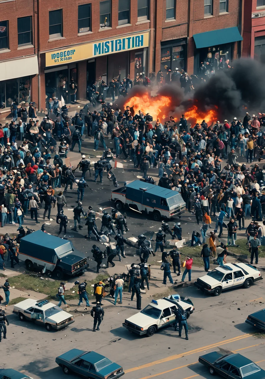 a group of people at a riot in Detroit, <lora:wisosdxl:0.8>, wisosdxl, best quality, masterpiece, isometric scene, 1980s \(style\), one robocop in the centre
