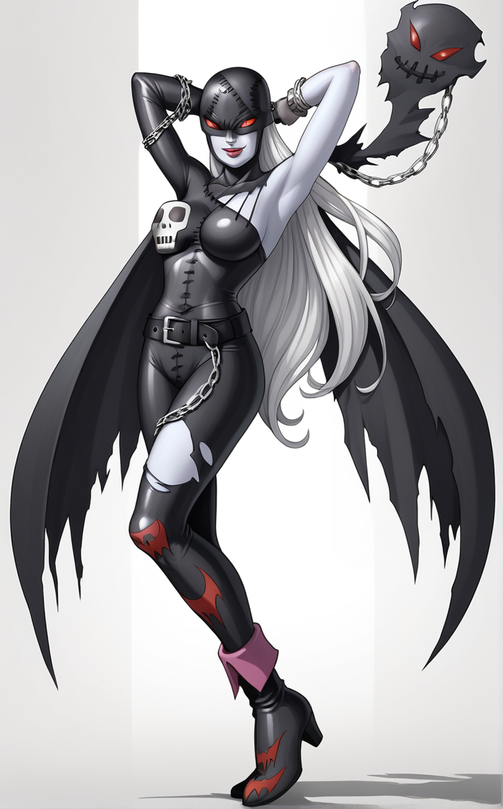score_9, score_8_up, score_7_up, watson cross, looking at viewer, arms behind head, full body, shadow, halftone background, shoes, depth of field, solo,  <lora:PONYXL_Digimon_LadyDevimon_ownwaifu:1>, BREAK PONYXL_Digimon_LadyDevimon_ownwaifu, mask, 1girl, digimon (creature), red eyes, colored skin, white hair, long hair, stitches, demon girl, helmet, large breasts, asymmetrical clothes, chained, claws, cuffs, bodysuit, shackles, belt, wings, chain, broken chain, glowing eyes, skull print, black bodysuit, gloves, lipstick, chain necklace, cape, makeup, pale skin, skull, torn wings, leash, spikes, black wings, black belt, cleavage, vampire, black gloves, buckle, elbow gloves, red lips, angel wings, impossible clothes, single glove, skin tight,  asymmetrical legwear, collarbone, demon wings, gauntlets, very long hair,<lora:add-detail-xl:0.15>,