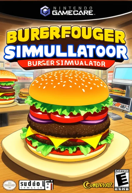 anime artwork <lora:GCNBoxArt:1> GCNBOXART, "burger simulator", title, food_focus, no_humans, . anime style, key visual, vibrant, studio anime, highly detailed