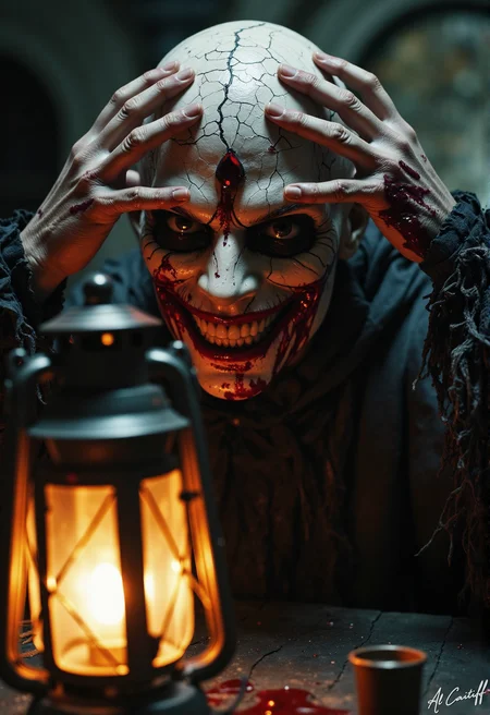 Extreme Dutch tilt, 15mm fisheye lens with pronounced barrel distortion, intense motion blur on the subject's hands, and a deep f/1.4 depth of field. A grotesque, pale-skinned figure with a cracked, blood-stained porcelain-like mask for a face, its features twisted into a macabre grimace, stares directly into the camera. The mask's surface is cracked and worn, with dark, tangled fibers and crimson splatters that seem to be seeping into the surrounding air. The figure's hands are raised to its temples, as if trying to hold its own head together, with fingers splayed in a futile attempt to grasp its own sanity. A dark, heavy-lidded eye peers out from beneath the mask's cracked surface, while a crimson gemstone glints like a malevolent eye at the mask's forehead. The figure's torso is shrouded in darkness, with only the faintest hint of a tattered, crimson-stained cloak visible at the edges. The scene is illuminated by a sickly, yellow-orange glow emanating from a nearby, flickering lantern, casting eerie, dancing shadows on the surrounding walls.<lora:CustomFlux/MysticRealism.safetensors:1.0000000000000002:1.0000000000000002>