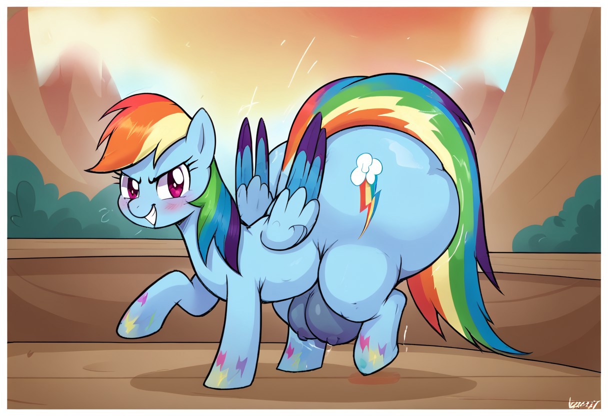 score_9, score_8_up, score_7_up, masterj291´Style, highres, hi res, best quality, masterpiece, <lora:add-detail-xl:.5>, my little pony, solo, background, detailed background, ((my little pony, <lora:mlp: fim - rainbow power - rainbow dash:1>, rainbow dash, rainbow power, determined smile, hooves, fantasy lighting, blue pegasus, large butt, grin, striped mane, gradient hooves, border, stylized rainbow mane)
), thoughtful expression, blushing expression, equine, fat ass, feral, huge ass, huge butt, plump, pony, quadruped, thick thighs, looking at the viewer ,ass crack,standing ,(Feral Pony, Pony Form, Huge crotchboobs,purple nipples, Hyper hips, thick thighs, hyper butt,large butt, butt overhang),sexy and cute thin legs,alicorn,horny,empty eyes, recording, twilight's kingdom, TWERKING