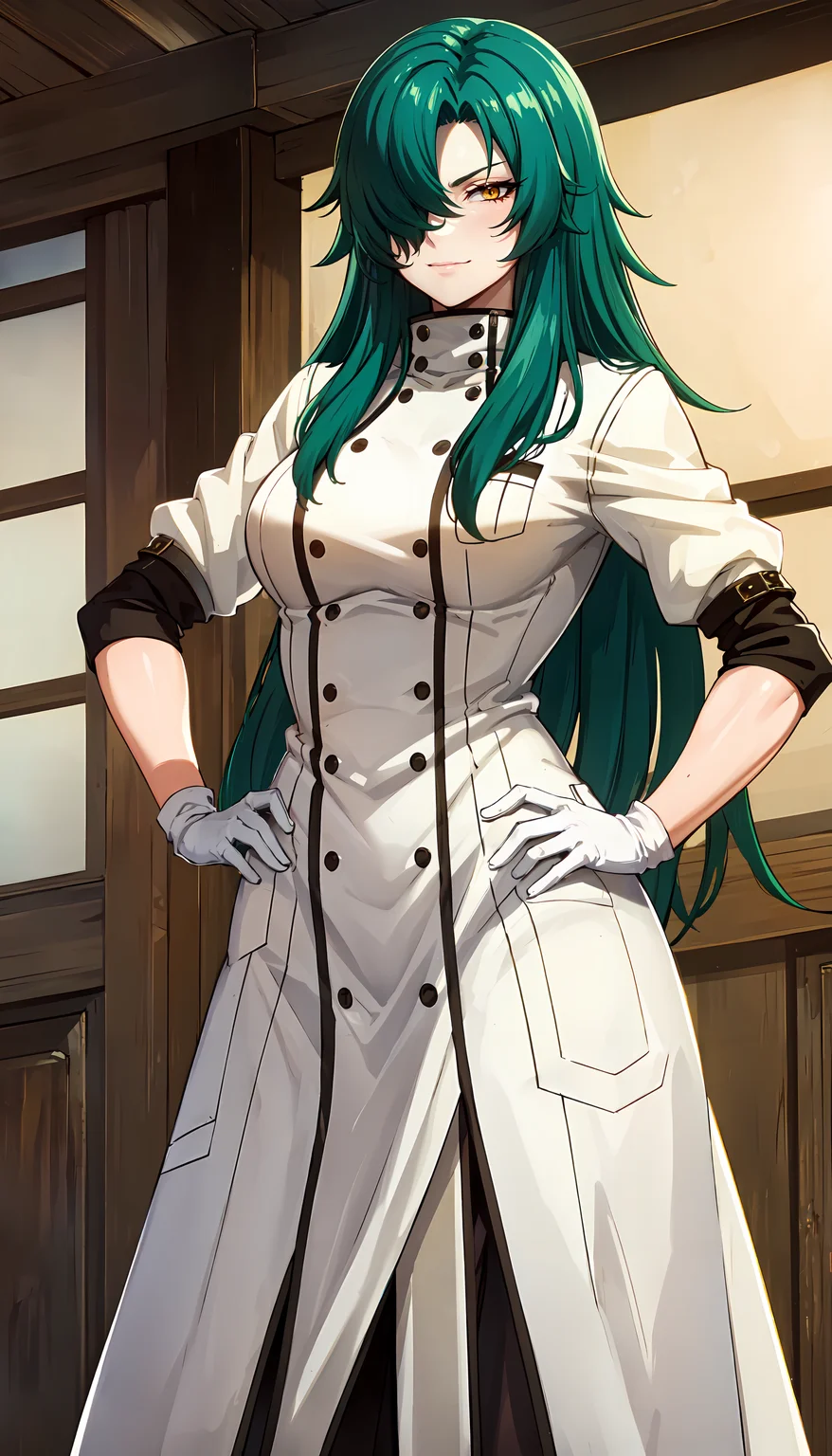 photorealistic, (4k), depth of field, (Masterpiece), (realistic skin texture), extremely detailed, intricate, hyper detailed, professional photography, bokeh, high resolution, sharp detail, best quality, woman, long hair, green hair, yellow eyes, hair covering one eye, long coat, white coat, white gloves, <lora:GoodHands-beta2:0.8> , <lora:detail_slider_v4:0.8> , (one hand on her hip, one hand behind her head) , dynamic pose, <lora:Rose:0.8> , muscular female,