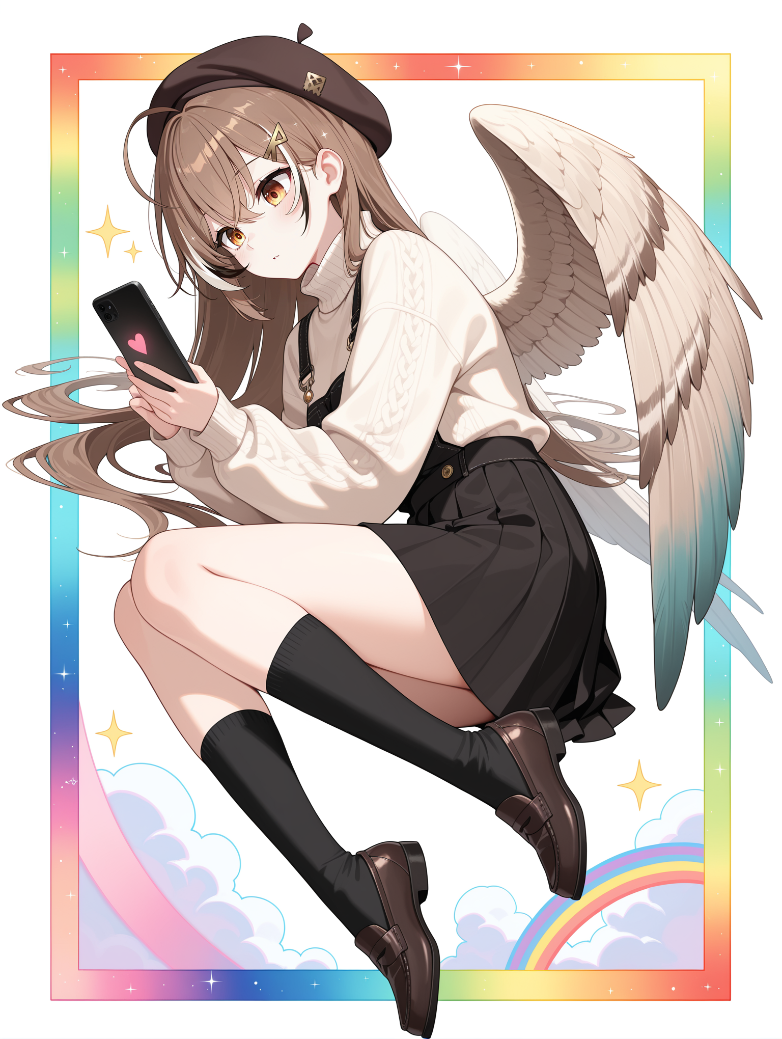 1girl, nanashi mumei, 
cinematic lighting, parted lips, light blush, expressionless, curious, solo, lying, on side, face close-up, looking at phone, holding phone, white turtleneck sweater, black beret, black skirt, brown loafers, cotton sweater, white wings, black socks, white background, simple background, sparkle, heart, star, clouds, rainbow, colorful border, iridescent border, cloudy border, dynamic pose, black footwear, multicolored eyes, shoes, phone, sweater, tassel, turtleneck, feathered wings, looking at object, skirt, long sleeves, wing, border, virtual youtuber, alternate costume, brown hair, white sweater, holding, short hair, socks,
she is wearing a black dress with colorful patterns on it and has a pair of wings on her back. the wings are spread out behind her, covering her head and shoulders. she has long white feathers that are attached to her body. the background is filled with stars and sparkles, giving the image a magical and whimsical feel. in front of the girl, there is a pink phone case with a cartoon character on it. the overall mood of the image is playful and dreamlike.
masterpiece, best quality