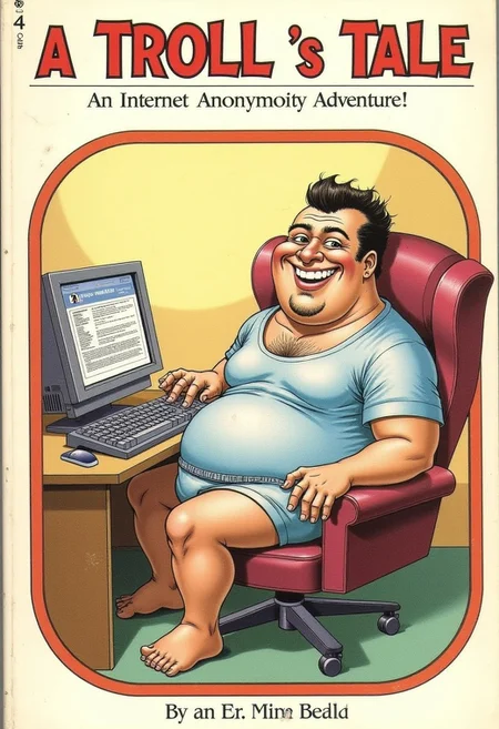 cy04, a book titled "A Troll's Tale", an illustration of a fat dork lazily sitting at a computer and typing on his keyboard. The screen has a forum user interface. He has pimples all over his face. He's wearing a t-shirt and boxers. he has neck folds. His belly is slipping out of his shirt. He has man boobs. He sinks heavily in his chair. His chair is too small for him. He's too big for his chair. He has an evil troll smile. He's leaning back, looking at his computer and typing. Text at the top reads "An Internet Anonymity Adventure!"