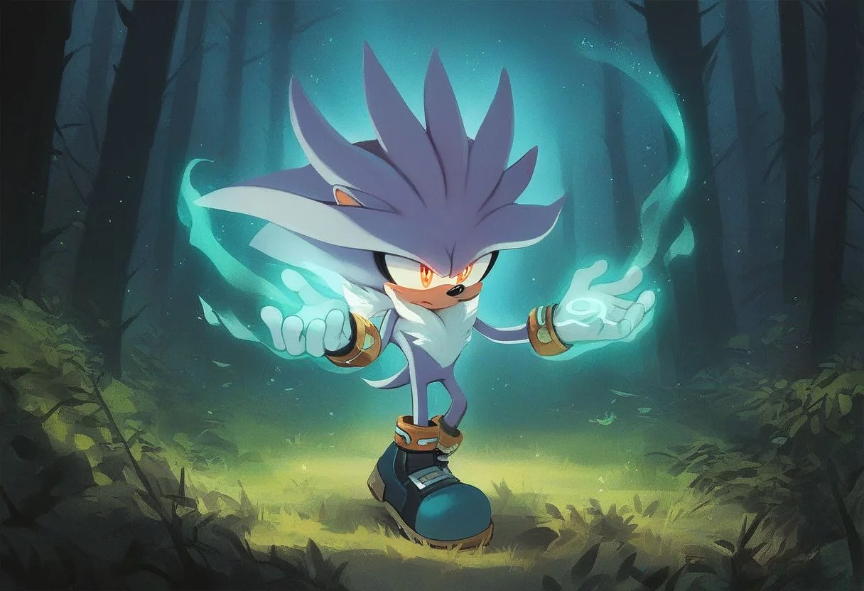 score_9, score_8_up, score_7_up, score_6_up, score_5_up, score_4_up, 1boy, silver the hedgehog, full body, forest, night, hands up, glowing, aura, intricate details, detailed eyes, glowing, aura, full shot, masterpiece