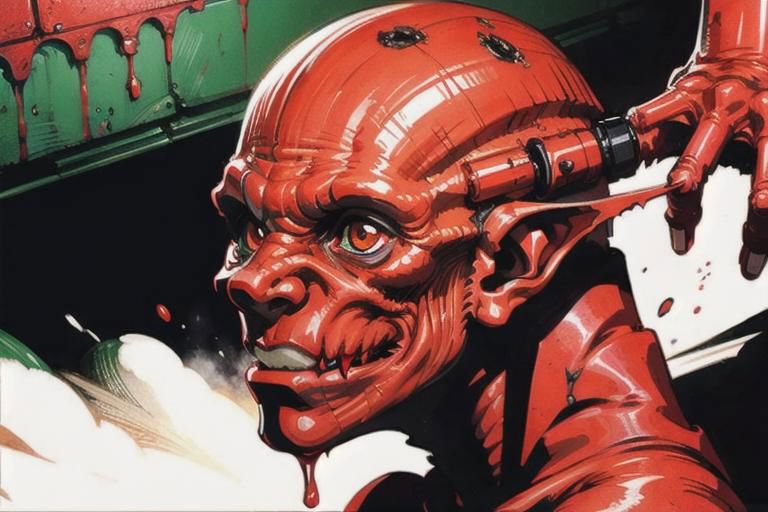 deformed goblin monster, detailed face, red blood artistic splatter.