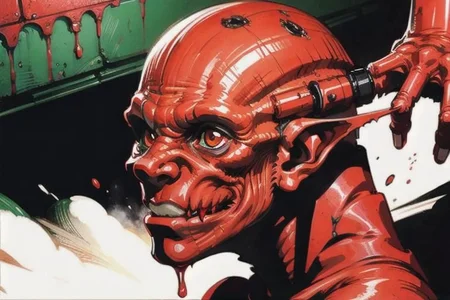 deformed goblin monster, detailed face, red blood artistic splatter.