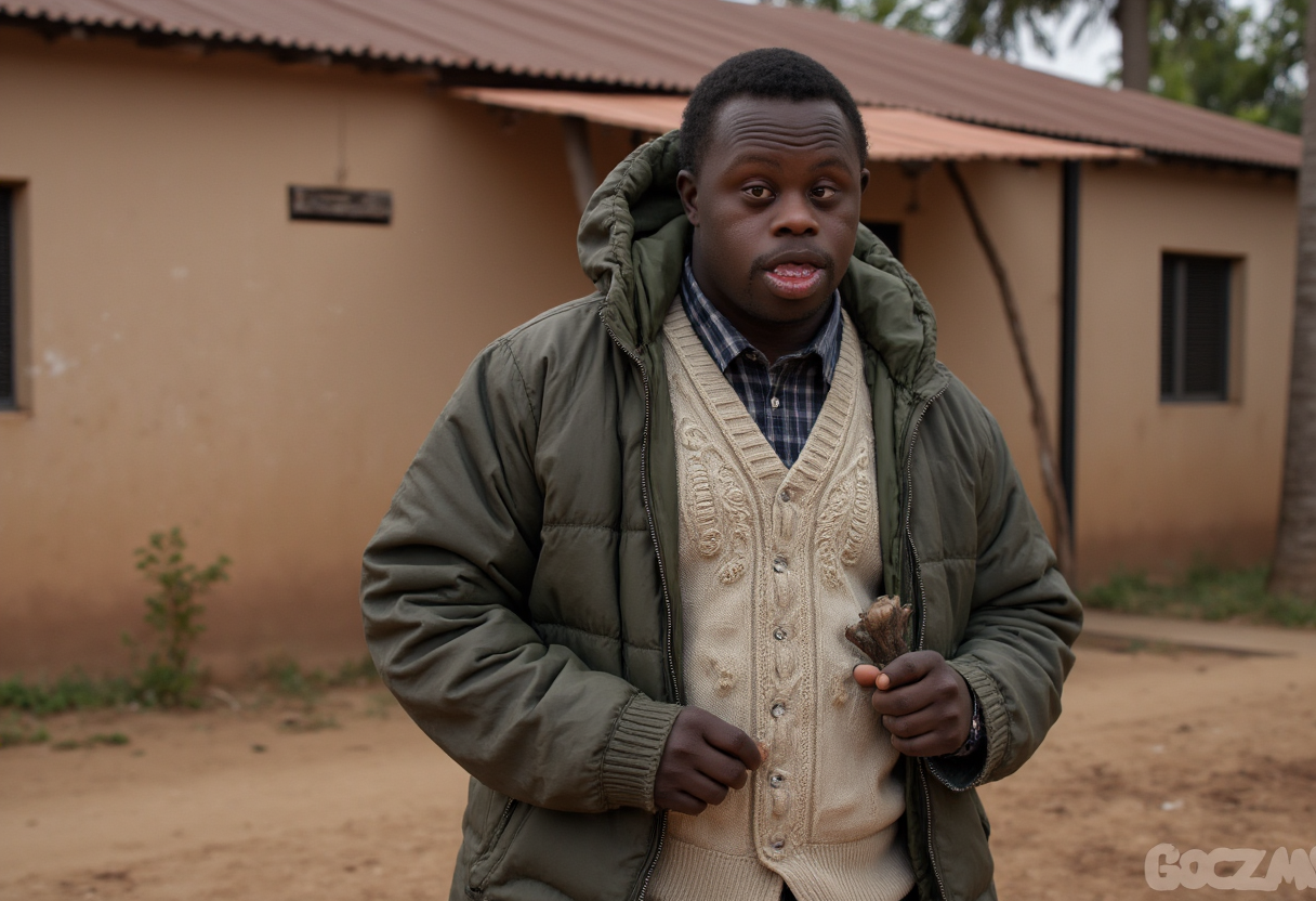 A russian african horror image of a clothed young man with Down syndrome <random:<wildcard:gonzo_wildcards-main/problems>,<wildcard:sgc/scenarios-fantasy>.