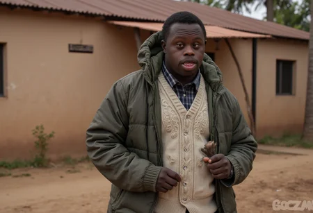 A russian african horror image of a clothed young man with Down syndrome <random:<wildcard:gonzo_wildcards-main/problems>,<wildcard:sgc/scenarios-fantasy>.