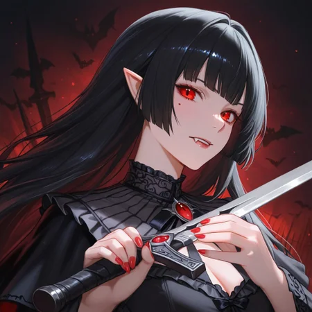 A beautiful vampire woman with black hair and red eyes, holding a sword in her hands, in the style of fantasy art. This digital painting features a full-body portrait with a fantasy background, in a dark gothic theme. The detailed face and sharp focus create a captivating dark fantasy setting