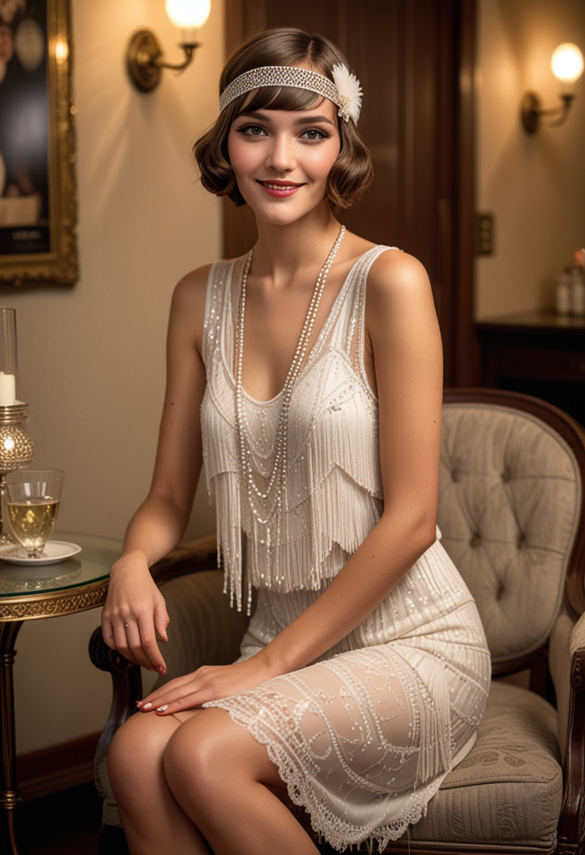 (medium full shot) of (radiant flapper) young woman, australian, tan skin, hazel eyes, slim build, extra long hazel bob hair, wearing a white tea-length flapper dress with lace accents, kitten heels, smokey eye makeup, sequined headband,  set in  a sophisticated Gatsby party, offering luxurious decor, elegant seating, live music, a refined ambiance, in the evening, woman smiling, Masterpiece,best quality, photo, realistic, very aesthetic, detailed face,