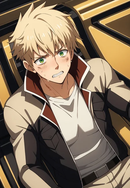 score_9, score_8_up, score_7_up, source_anime, cowboy shot, dutch angle, dynamic angle, BREAK, ( green eyes, light blond hair, best eyes, male, anime, scratches on face, injured, uniform, collar up, scared expression, sweat, holding cockpit controls, holding controls, ) 1boy, male focus, solo, BREAK, cockpit, shiden, dust cloud and mountains outside cockpit window,