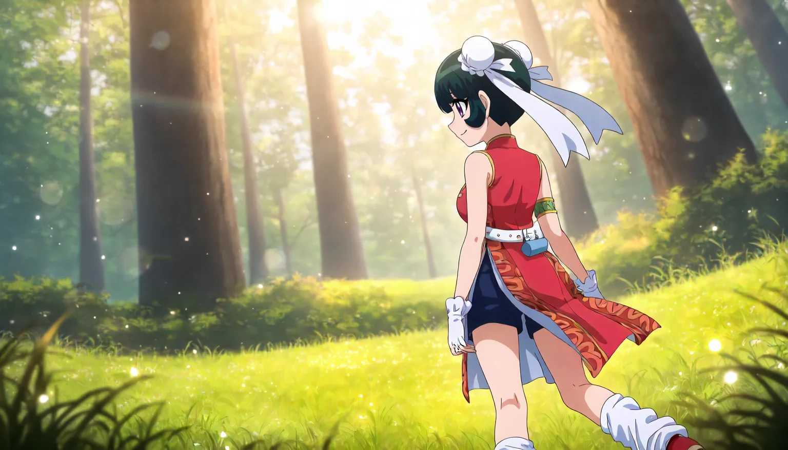 <lora:MFB_meimeiXLIllustrious002>,
masterpiece,best quality,good quality,newest,
outdoors,nature,grassland,glitter,lens_flare,
smile,
from behind,looking back,
solo,
meimei,1girl,green hair,double bun,bun cover,hair ribbon,purple eyes,
red china dress,sleeveless,arm band,
white belt,
pelvic_curtain,shorts under dress,blue shorts,
loose_socks,
red shoes,
fingerless gloves,white gloves,
standing,