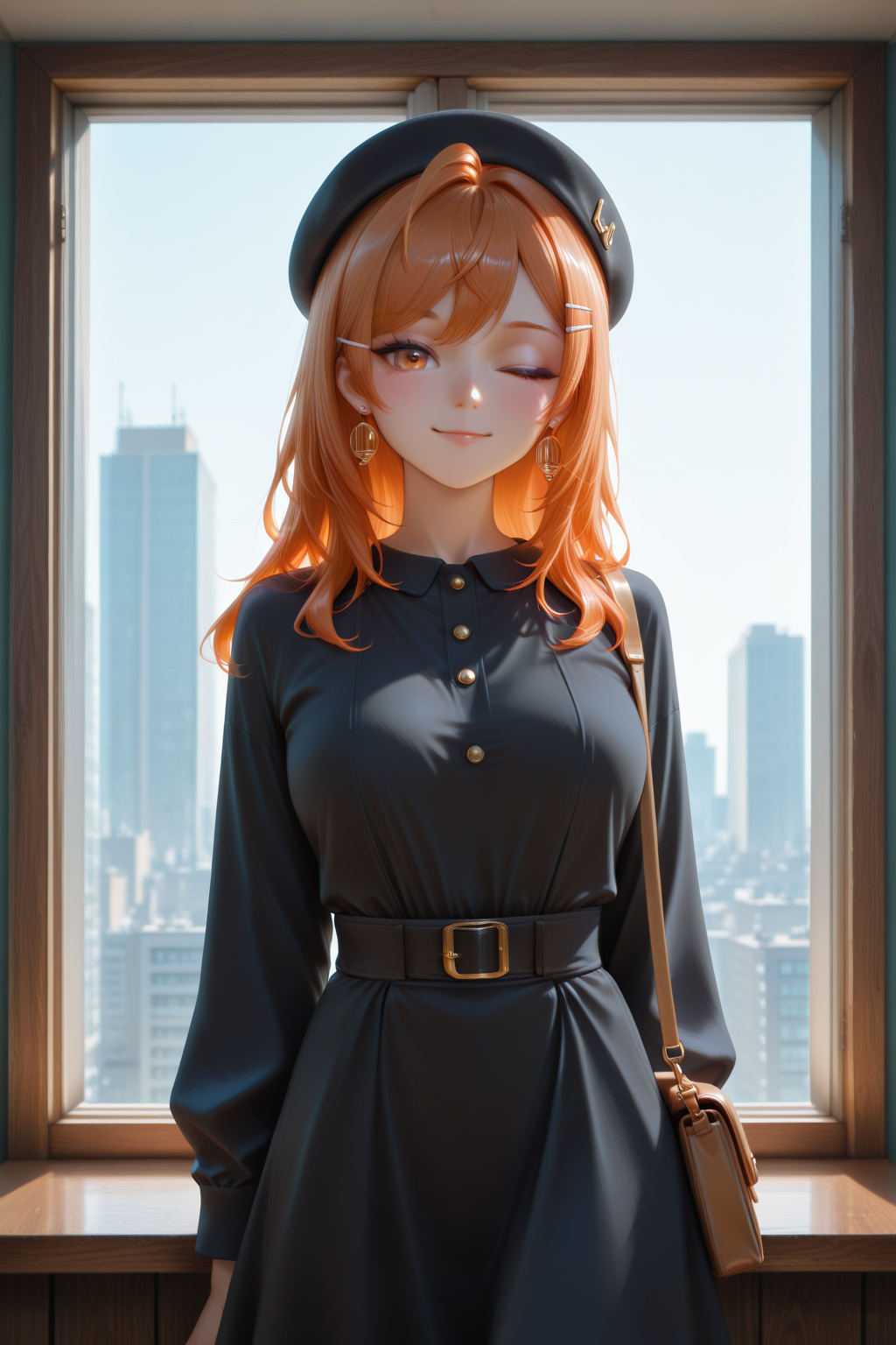 masterpiece, best quality, amazing quality, 1girl, solo, makeup, general, looking at viewer, blush, cowboy shot, cafe, one eye closed, smile, wide windows, cityscape, day, <lora:Hololive_Ririkarika:1>, Hololive_Ririkarika, long hair, hairclip, orange hair, multicolored hair, orange eyes, large breasts, ahoge, <lora:Showa_Retro_Black_Dress:1>, Showa_Retro_Black_Dress, dress, black dress, long sleeves, collared dress, white buttons, jewelry, earrings, shoes, hat, black headwear, bag, handbag, <lora:wai-2Rectified-V140:1>, <lora:Illustrious_-_Refiner:1>