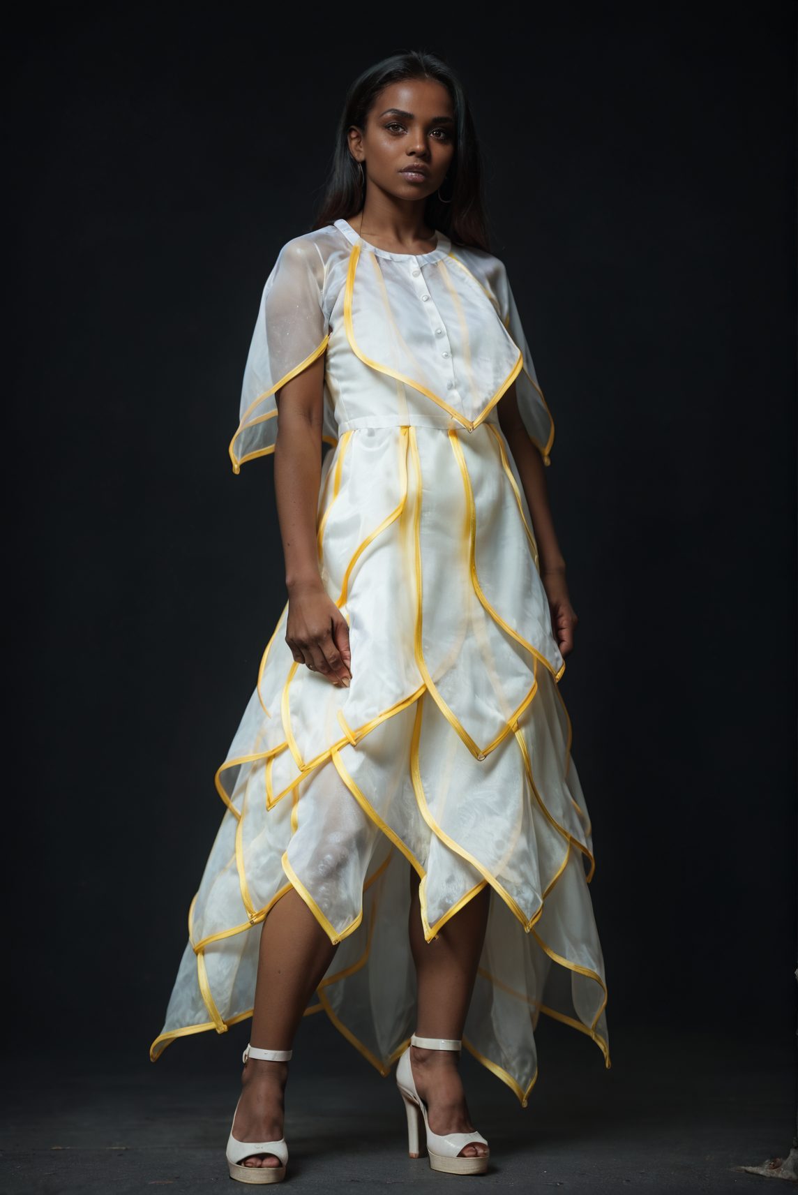 (embedding:Pony_PDXL_Negative_Embeddings\zPDXL2),dark background,1girl,full body,solo,white capelet,white dress,cowboy shot,yellow capelet,yellow dress,yellow trim,arms_behind_back,(black hair:1.1),very-dark skin,brown eyes,looking at viewer,high heels<lora:MyTrainings\Test\Layered_Leaves_Dress_XL_Pony_ARZUMATA.safetensors:1>