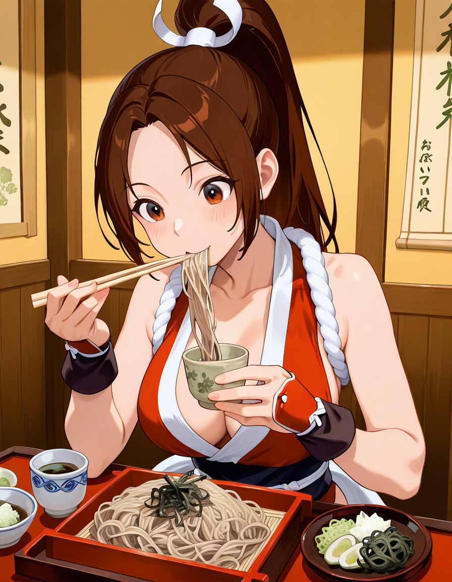 score_7_up, anime, solo, 1girl, one girl, 
shiranui mai, 
sensitive,
<lora:morisoba:1>, morisoba, 
1girl, eating, food, noodles, cup, bowl, plate, tray, chopsticks, green onion, wasabi,soup, restaurant,
(masterpiece:1.3), best quality, high resolution, unity 8k wallpaper, (illustration:1.2), 8K,