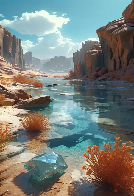 (ultra high res:1.4), (masterpiece), (beautiful lighting:1.4) , shattered plains, desert landscape, sand Mountains,desert plants, sunlight setting illuminates the crystal-clear water oasis (deep underwater), anime, half above water and half below water, (clear underwater), beautiful sky with clouds and smoke, desert animals and water creatures, depth