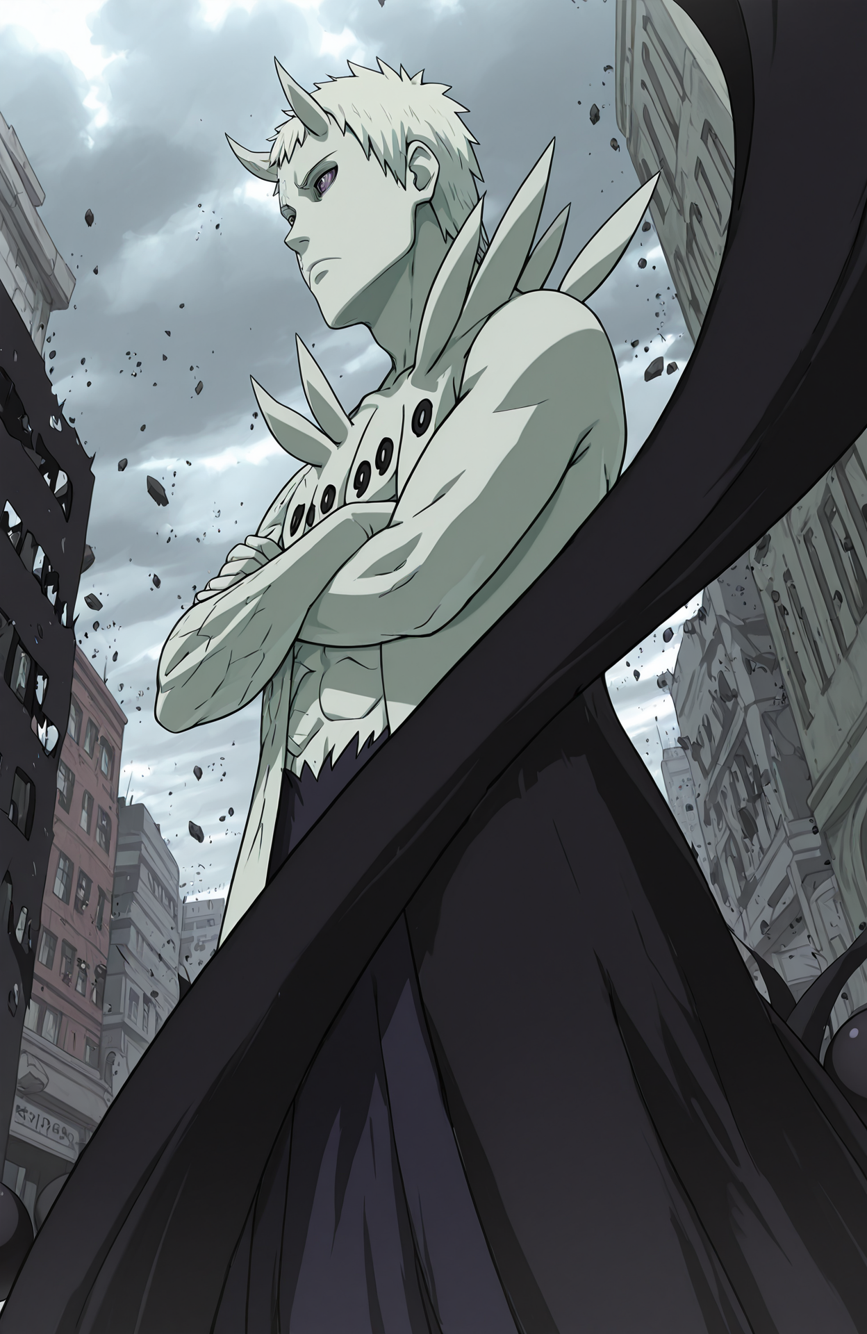 shadow_barrier, bored, in ball, crossed arms, from side, from below, street, protest, flying debris, city, cloudy, destroyed, r50_ob1t0, rinnegan, sharingan, 
masterpiece, best quality,
<lora:Juubito_X6E13:1.0>