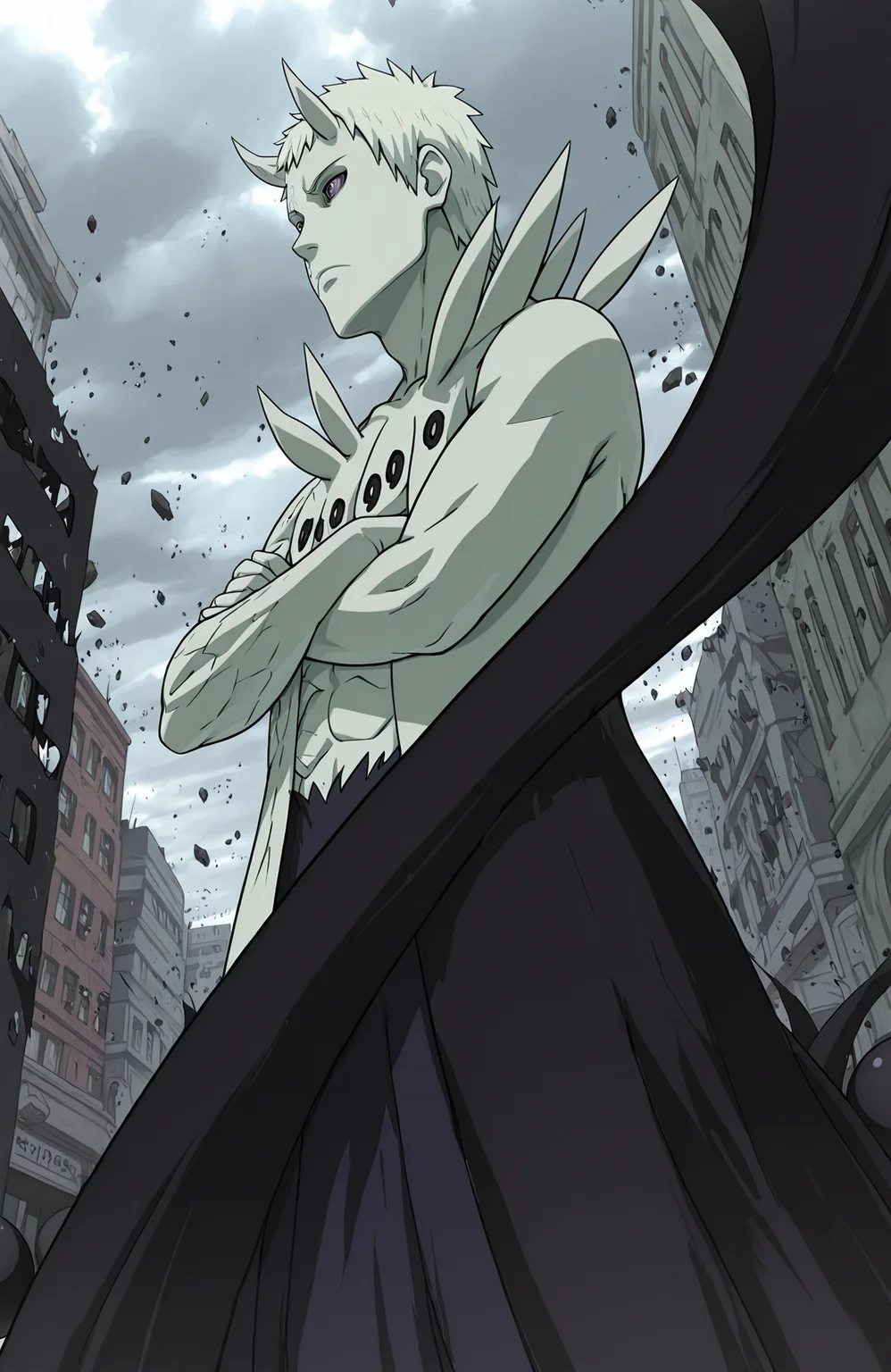 shadow_barrier, bored, in ball, crossed arms, from side, from below, street, protest, flying debris, city, cloudy, destroyed, r50_ob1t0, rinnegan, sharingan, 
masterpiece, best quality,
<lora:Juubito_X6E13:1.0>